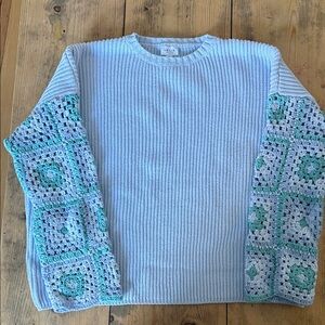 Le Lis Sky Blue Sweater with Teal Crochet Sleeves